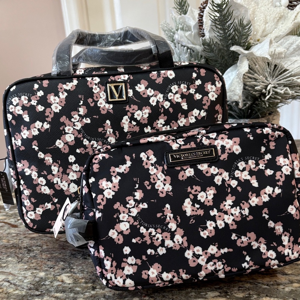 NWT 2 PC Victoria's Secret Black and Pink Floral Cosmetic Bag Set